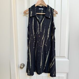 Blue Sky Black and Khaki Splatter Print Rayon Buttoned Collared Shift Dress. M